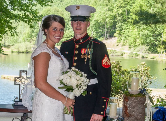 marine groom bride pray before wedding seek God's blessing