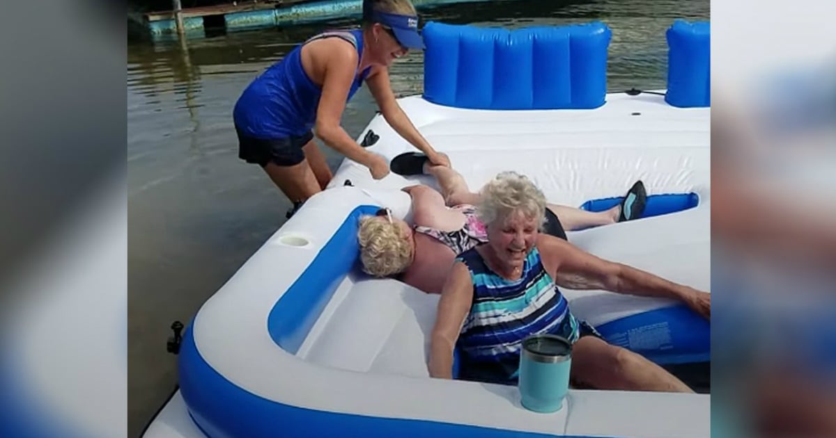 2 Grandmas Trying To Get Off Inflatable Raft Has Everyone Laughing