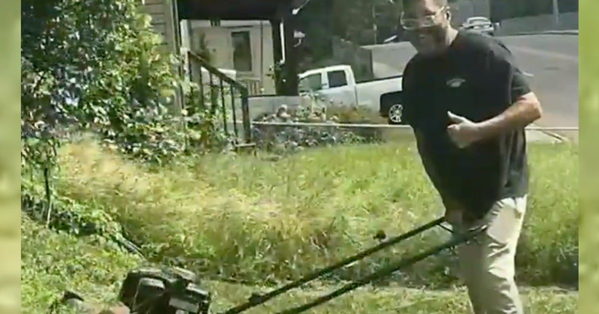 delivery driver cuts grass